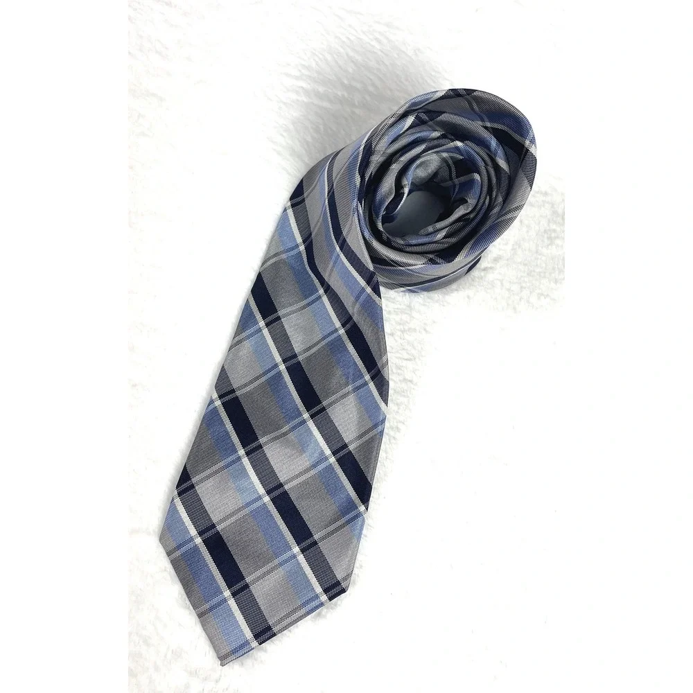 Jos A Bank 100% Silk Navy Blue Monochrome Classic Plaid and Stripes Tie Men's